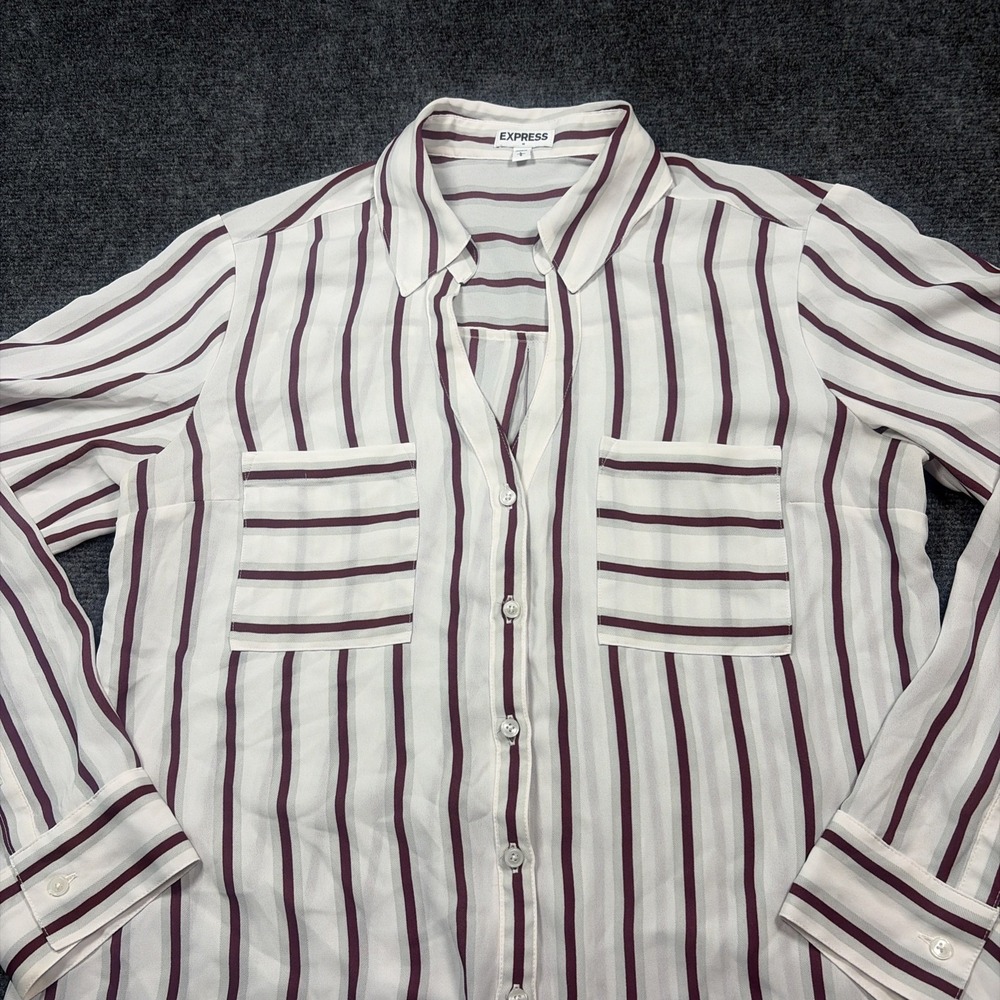 Express Women Striped Sheer Long Sleeve Button-Up Shirt White Brown Size L